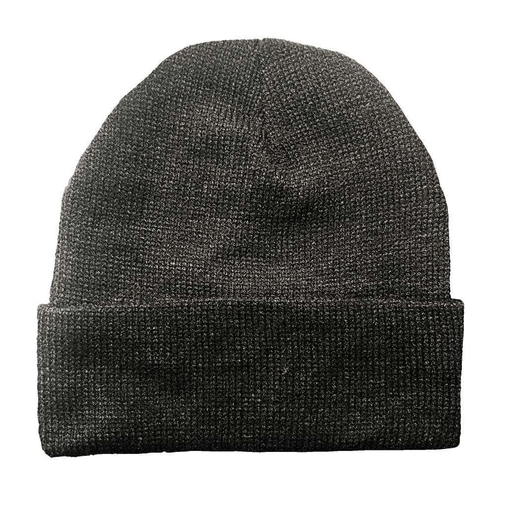 A dark black knit beanie hat with a folded cuff, shown against a plain white background.