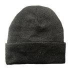 A dark black knit beanie hat with a folded cuff, shown against a plain white background.