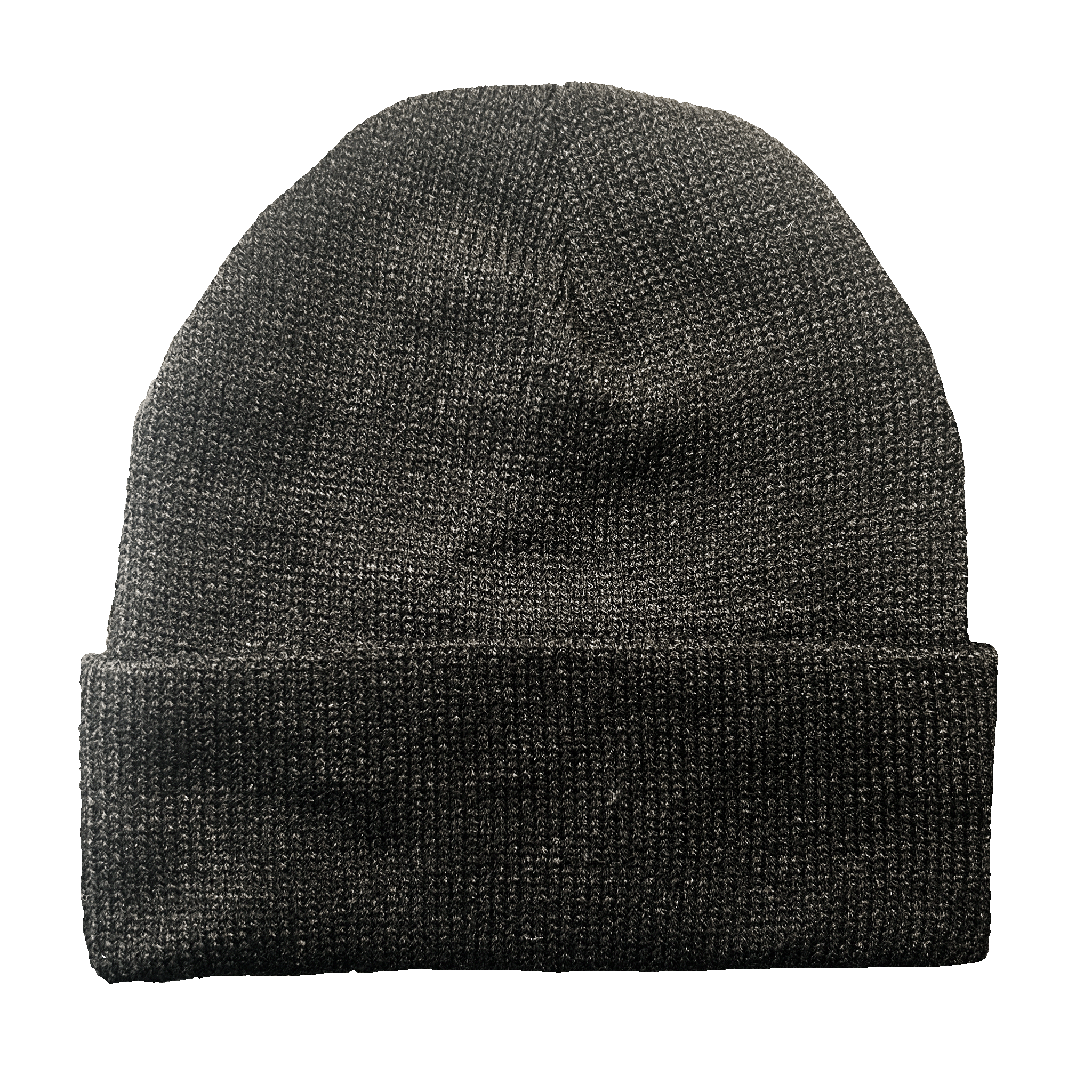 A dark black knit beanie hat with a folded cuff, shown against a plain white background.