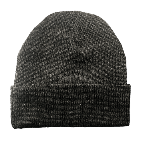 A dark black knit beanie hat with a folded cuff, shown against a plain white background.