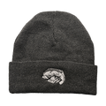 Dark black knit toque with a detailed grayscale embroidered eye patch on the cuff
