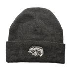 Dark black knit toque with a detailed grayscale embroidered eye patch on the cuff