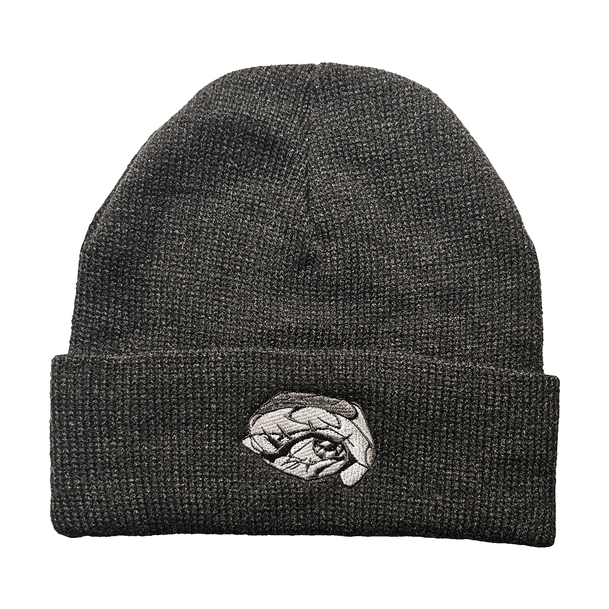 Dark black knit toque with a detailed grayscale embroidered eye patch on the cuff